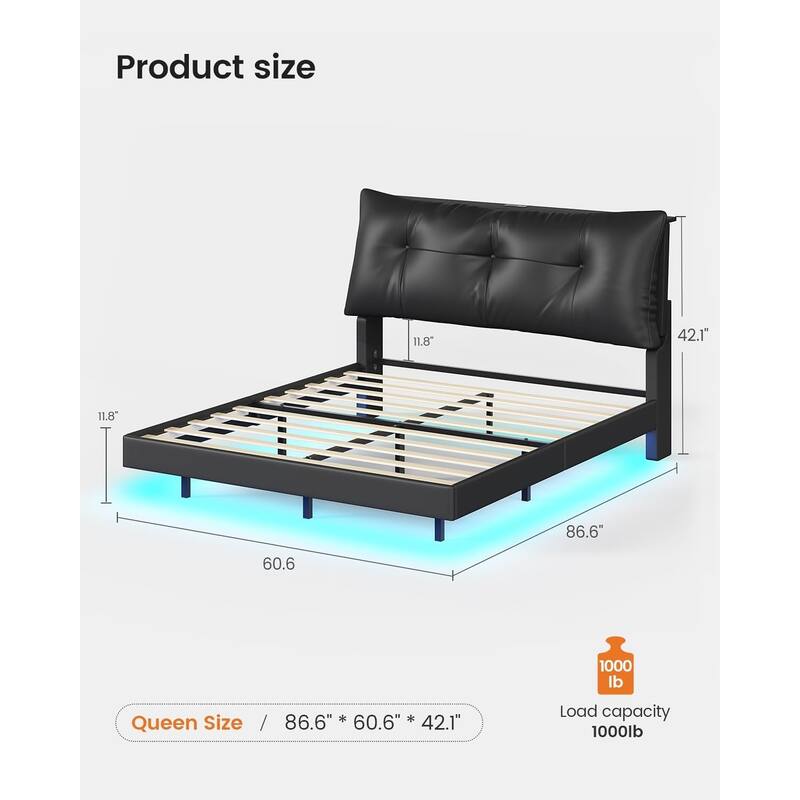 Floating Bed Frame Removable Thick Soft Headboard Charging Station Led Lights
