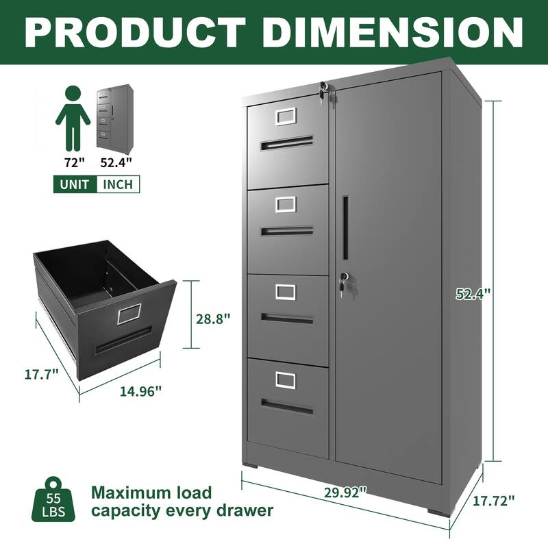 Metal Storage Vertical Filing Cabinet with Lock, Steel File Locker with 4 Drawers and 1 door