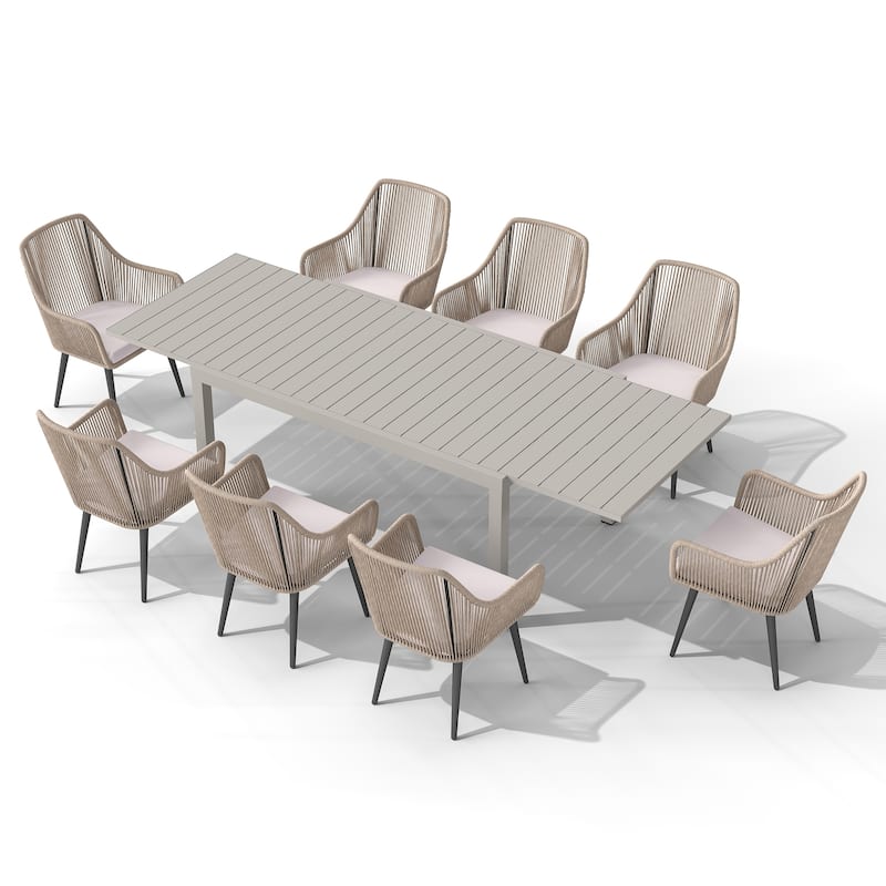 9-Piece Expandable Aluminum Patio Dining Set with PE Twisted Rattan Chairs & Polyester Cushions