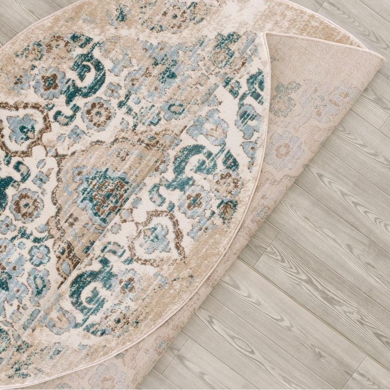 Distressed Oriental Cream Round Area Rug - 6' Round