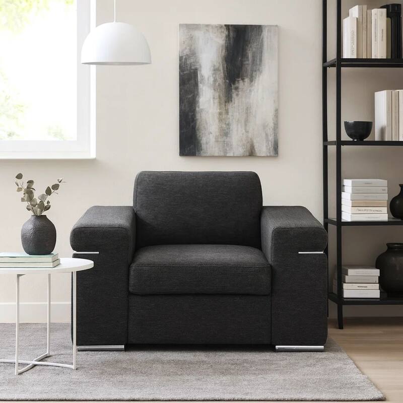 Aria 45 Inch Armchair, European Design, Stainless Steel, Soft Black Fabric
