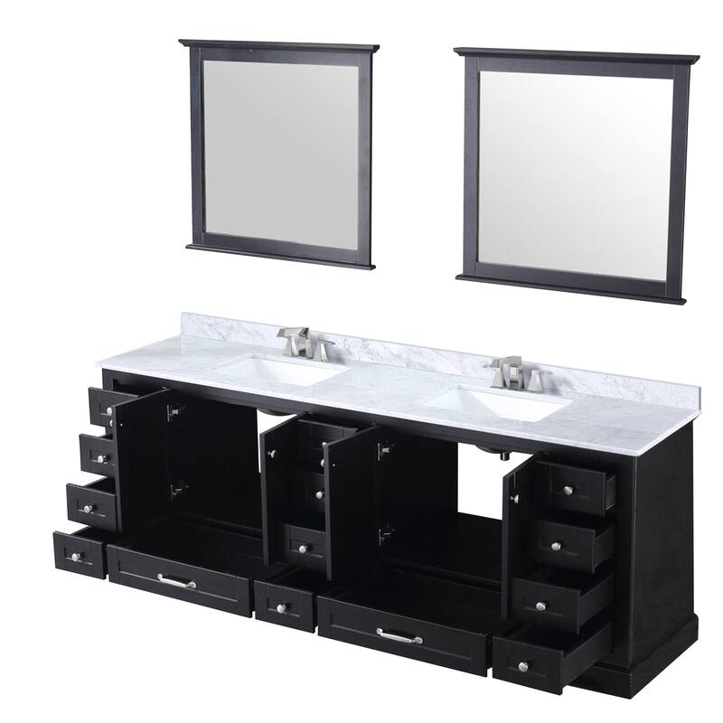 Dukes 84 in. W x 22 in. D Navy Blue Double Bath Vanity, Carrara Marble Top, Faucet Set, and 34 in. Mirrors