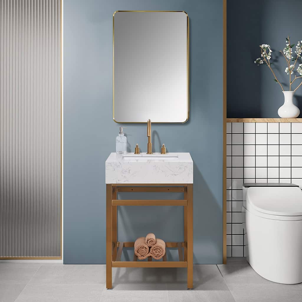 Altair Merano Stainless Steel Vanity Console with Stone Countertop and Mirror