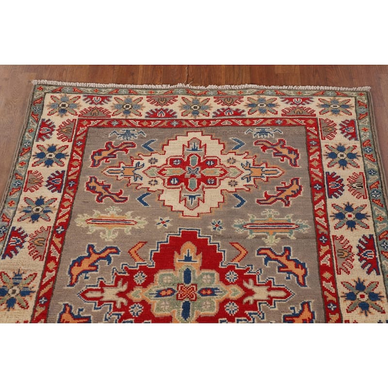 Geometric Grey Kazak Accent Rug Hand-Knotted Wool Carpet - 3'8"x 4'11"