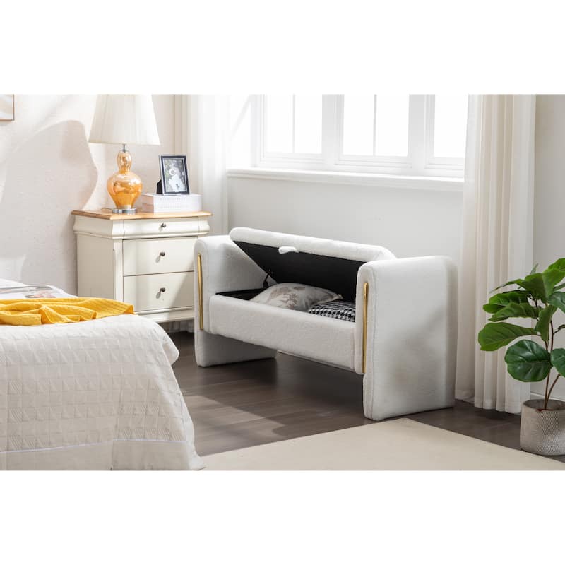 53" Storage Bench, Teddy Fabric Entryway Bench Upholstered Ottoman Bench with Gold Metal Trim Strip for Bedroom