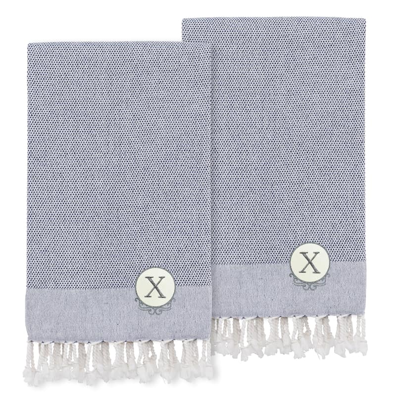 Authentic Hotel and Spa 100% Turkish Cotton Personalized Fun in Paradise Pestemal Hand/Guest Towels (Set of 2), Navy - X