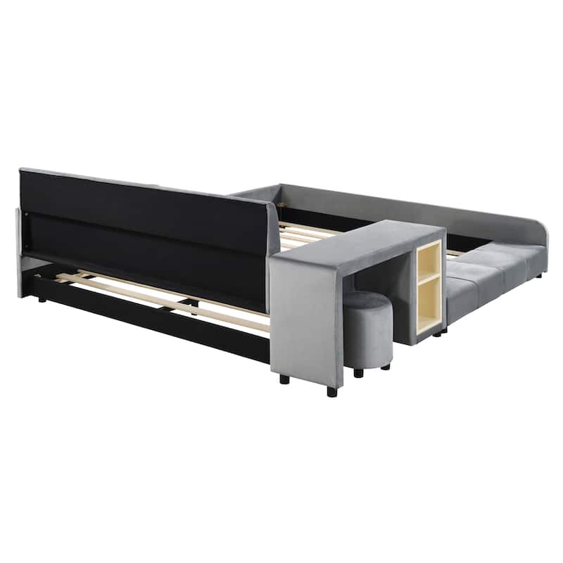 Queen Size Upholstered Mother & Child Platform Bed w/ Bedside Desk & Little Round Stool