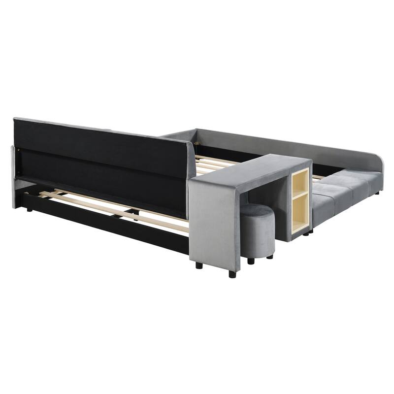 Velvet Upholstered Queen Platform Bed with Bedside Desk and Stool, Mother & Child Design in Gray