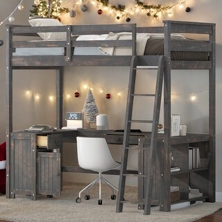 Wood Twin Size Loft Bed with Drawers and Storage Shelves, Children Bed Frame with U-Shaped Desk for Bedroom, Antique Brown