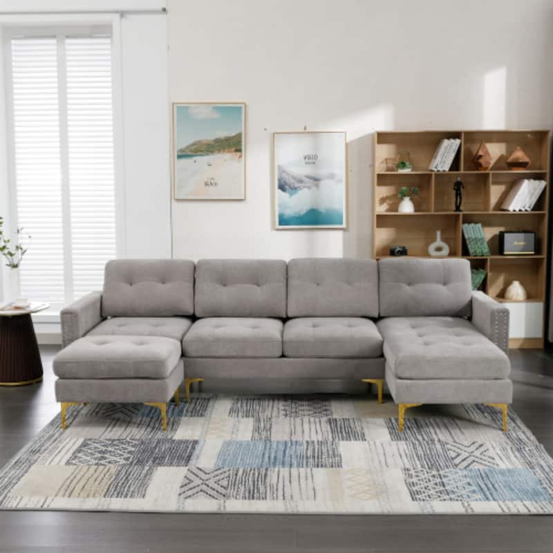 U-Shape Convertible Sectional Sofa with Movable Ottoman and Gold Metal Legs