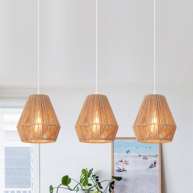 3-Light Metal Hanging Pendant Light Chandelier with Paper Rattan Shade for Kitchen Island