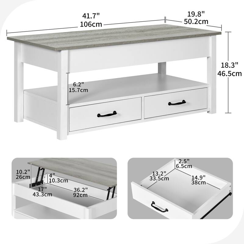 Wood Lift Top Coffee Table with Storage Shelf and Drawers
