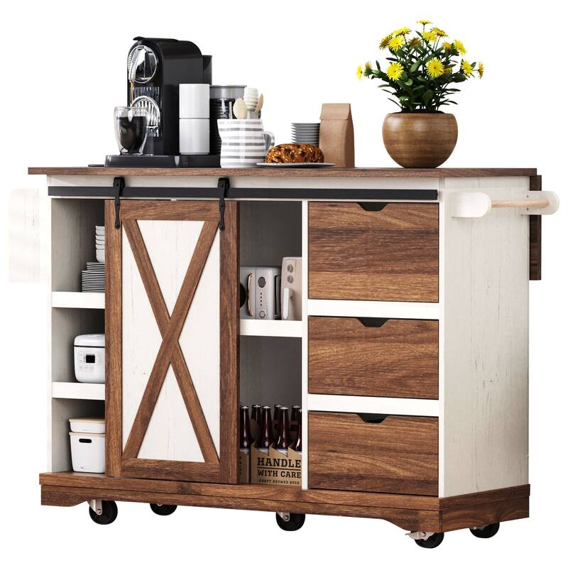 55.5" Farmhouse Kitchen Island with Drop Leaf, Rolling Kitchen Cart on Wheels with Spice Rack