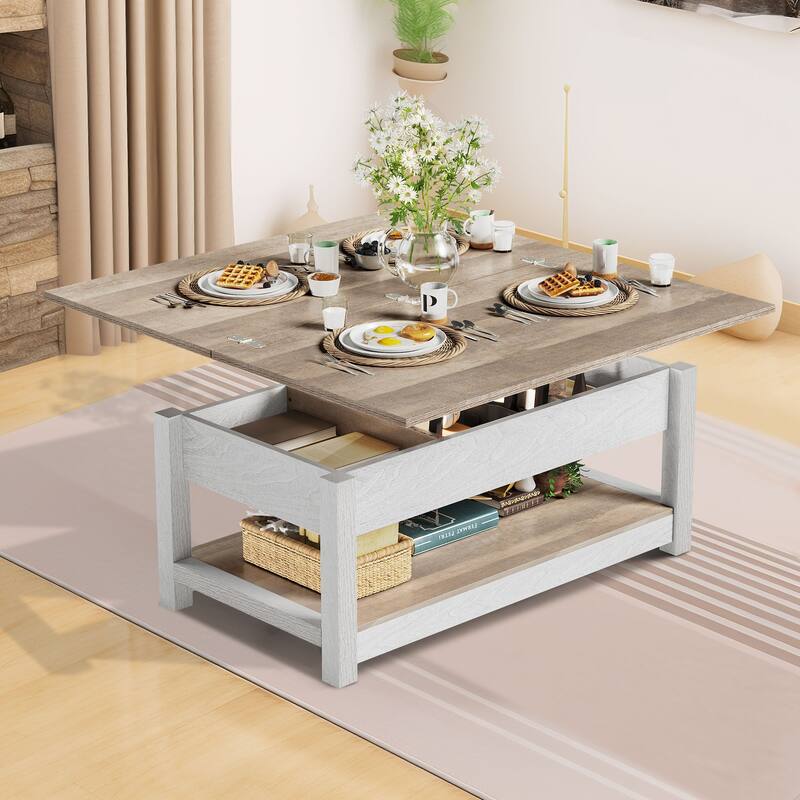 Moasis Farmhouse Lift Top Coffee Table Expandable Tabletop with Hidden Storage and Shelf for Living Room