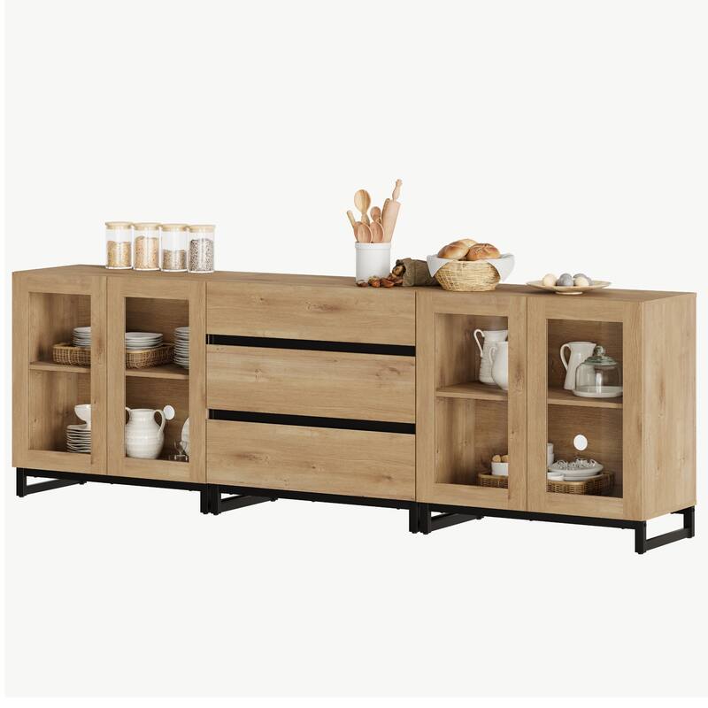 WAMPAT 3 in 1 Modern Sideboard with Glass Doors and 3 Drawers, Coffee Bar Cabinet for Kitchen