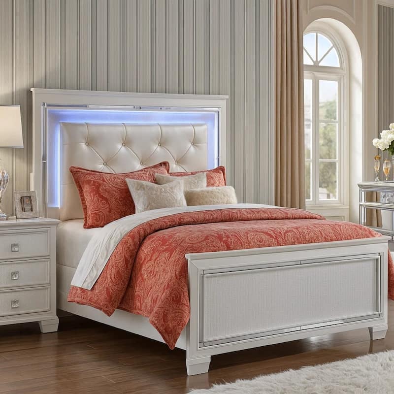 Noah California King Bed, LED Backlit Crystal Tufted Headboard, White
