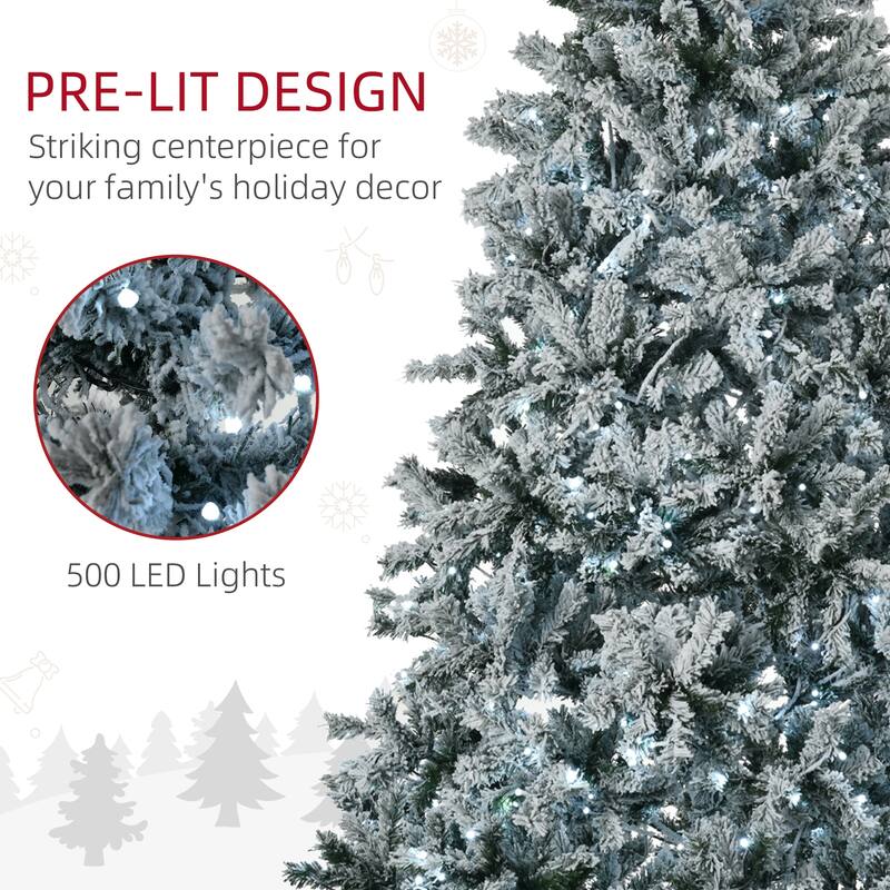HOMCOM Flocked Artificial Christmas Tree - Cold White LED Lights - Green