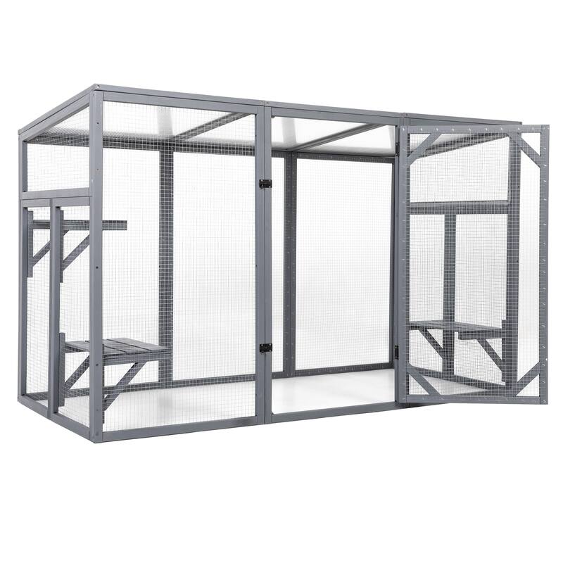 Outdoor Cat Catio House, Outdoor Wood Cat Enclosure with Sun Sheet Roof, Cat Cage Playpen with 3 Platforms & Lockable Doors