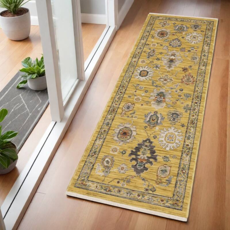 HomeRootsOriental Traditional Rectangle Area Rug - 74.8' X '23.62' X '0.32 - Yellow/Ivory/Gray