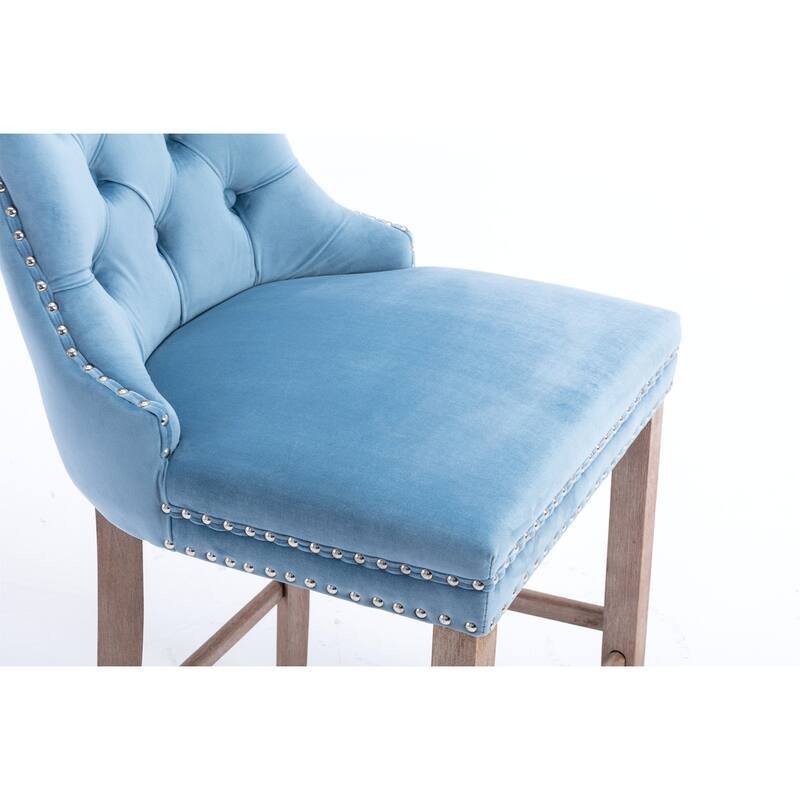 2 Velvet Upholstered Barstools with Button Tufted and Wooden Legs, and Chrome Nailhead Trim - N/A