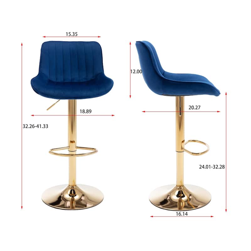 Velvet Bar Stools Set of 2, Swivel Bar Stools with Adjustable Height, Kitchen Island Stools with Footrest and Golden Leg