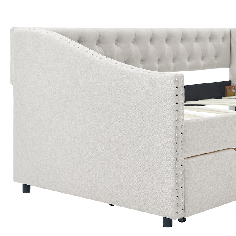 Mid-Century Linen Upholstered Daybed Platform Bed Frame with Storage Drawers, Button Tufted Back and Nailhead Trim Arms