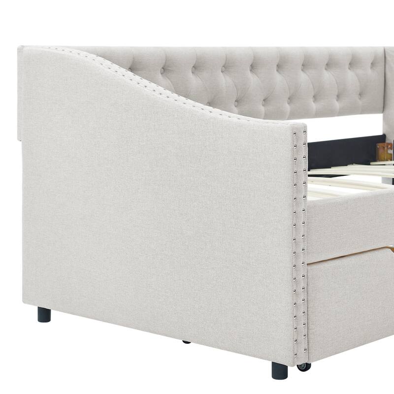 Twin Size Linen Upholstered Daybed Frame with 2 Drawers, Buttons Tufted Backrest, Copper Nail Decoration