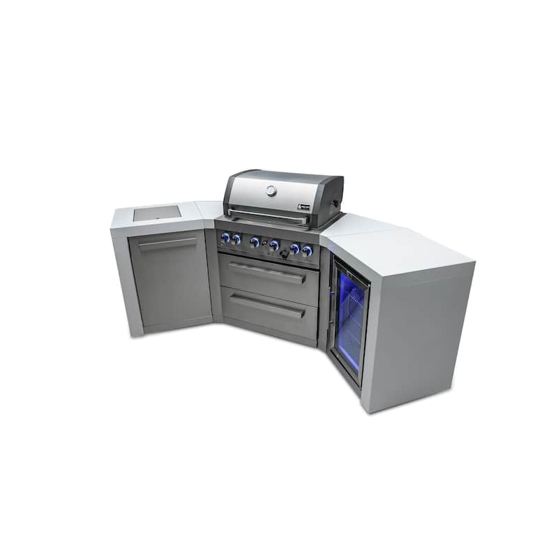 Mont Alpi MAi400-D45FC 4-Burner U-Shaped 45° Corner Deluxe Stainless Steel Outdoor Kitchen Barbecue Island Grill + Refrigerator