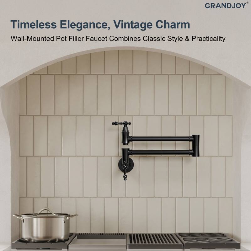 GRANDJOY Wall‑Mount Pot Filler Faucet with Dual Handle Control,High Flow Cold Water Faucet for Stove, Foldable Design