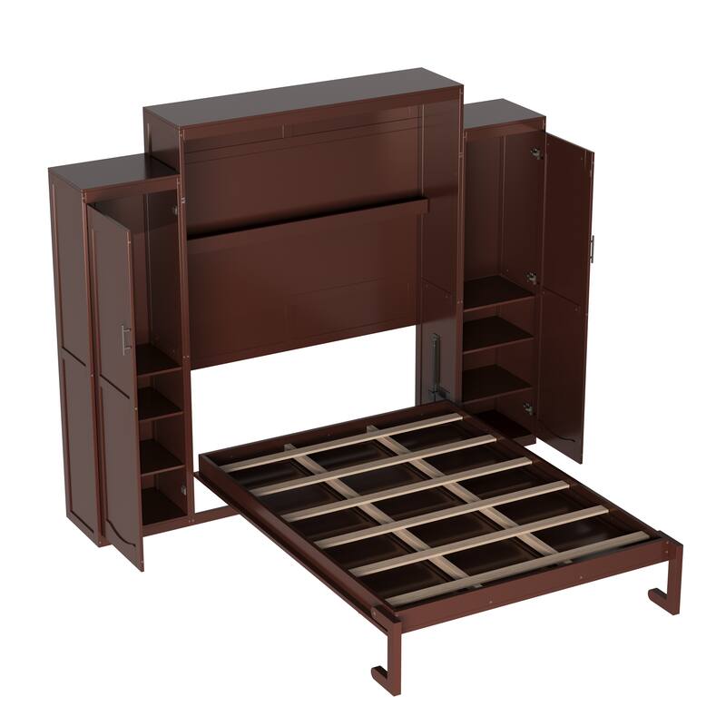 Multifunctional Queen Size Wooden Murphy Bed w/ 2 Wardrobe & Storage Shelf Foldable Wall Bedframe for Guest-Room, Bedroom