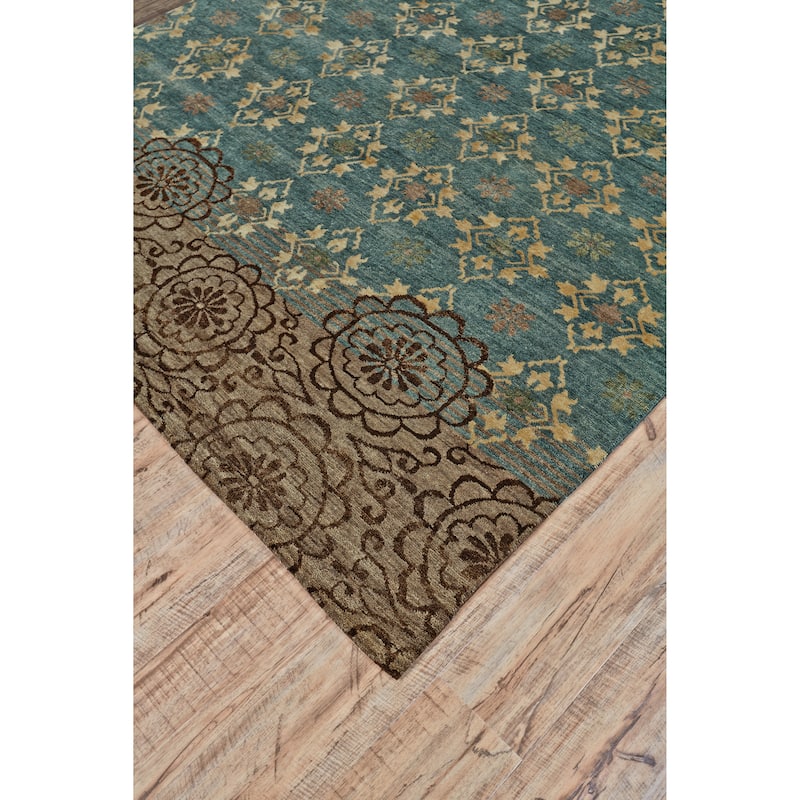 Timeo Hand Knot Oriental Area Rug, Teal Green/Coffee Brown