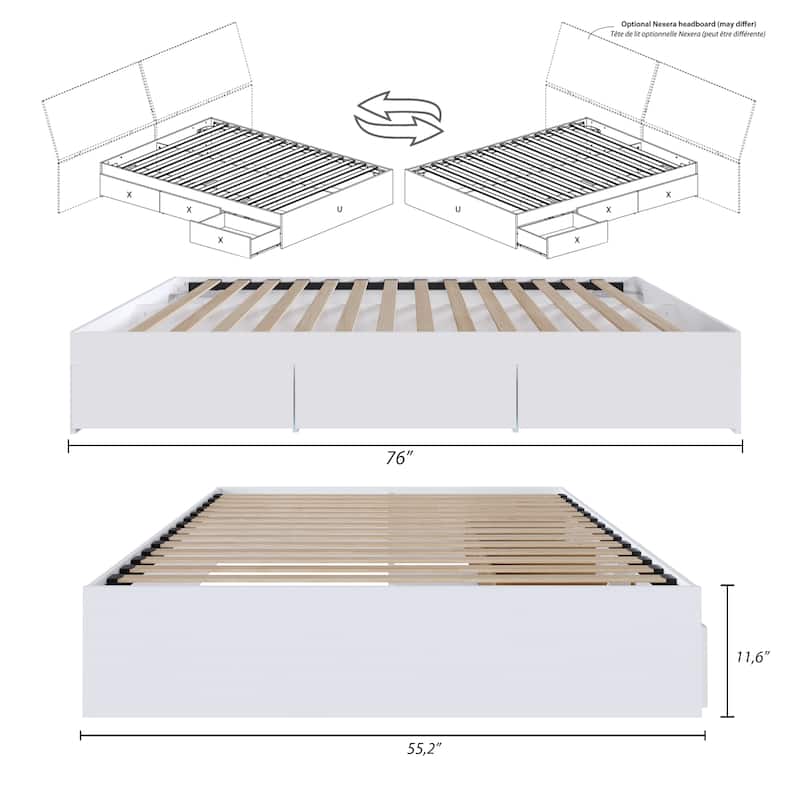 Nexera Bed Frame with 3-Drawer Storage, Reversible, White