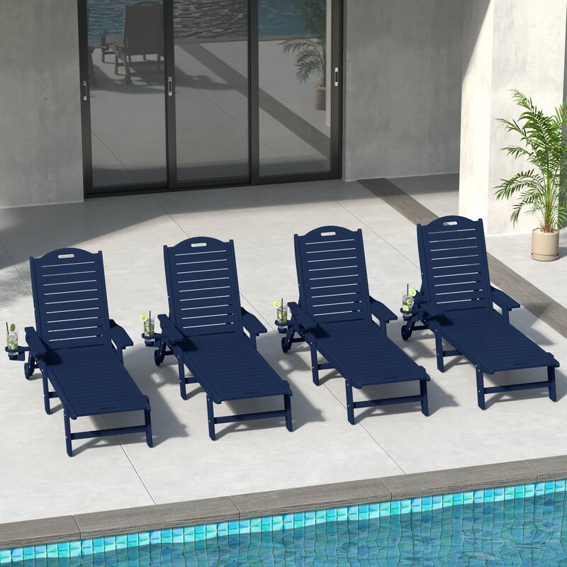 Brighton Outdoor Poly Reclining Chaise Lounge with Wheels & Cup Holder (Set of 4)