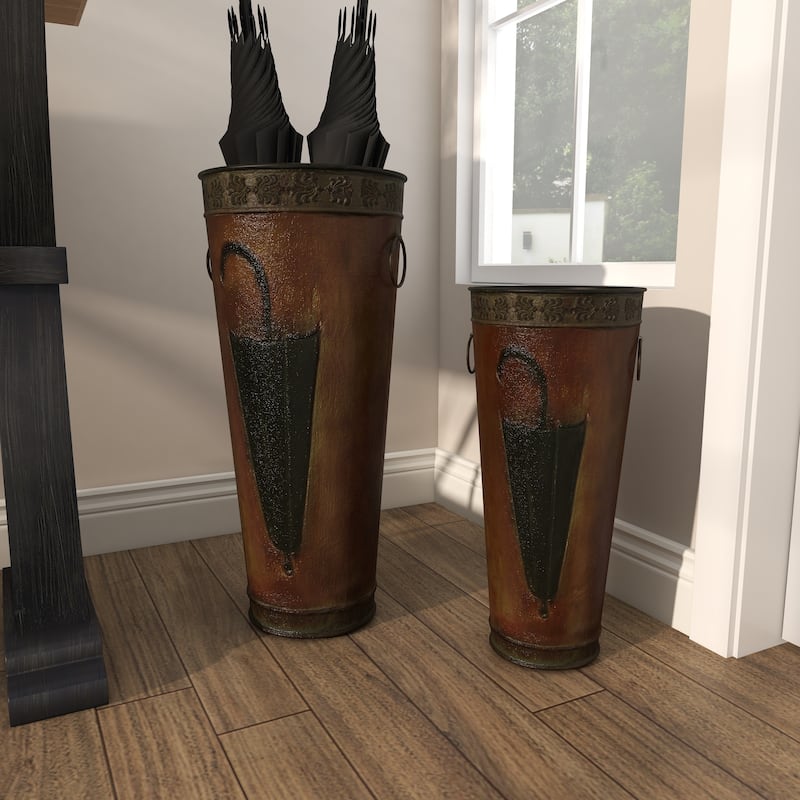 Metal Umbrella Stand with Umbrella Image and Handles - Set of 2 Brown or Black - Roche River Decor