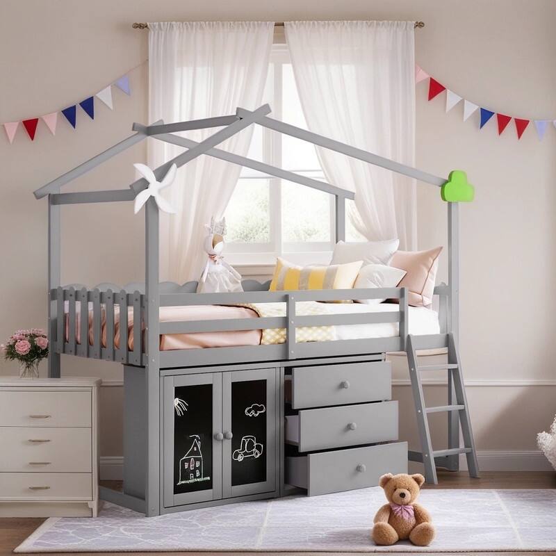 Twin Size House Shaped Loft Bed With 1-Cabinet and 3-Drawers, Wooden Kids Storage Bed Frame with Blackboards, Grey