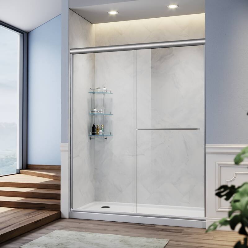 Elegant Double Sliding Shower Door 58.5-60 x 72" Width Cutting Guide Rail Adjustment Reversible installation