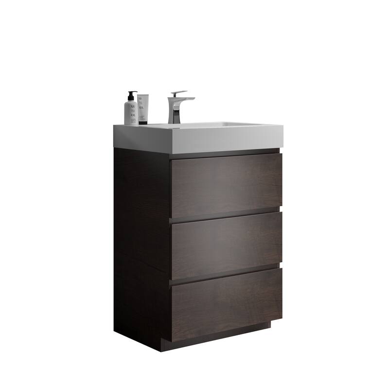 GDFStudio - Alice Walnut Freestanding Bathroom Vanity with One-Piece Matte Black Sink, Modern Handle-Free Design, Pre-Assembled