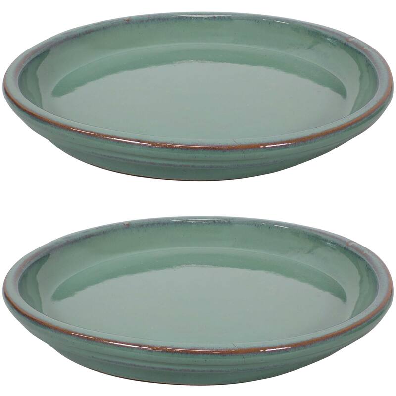 Sunnydaze Set of 2 Glazed Ceramic Planter Saucers - 12" - 14.25" - Seafoam