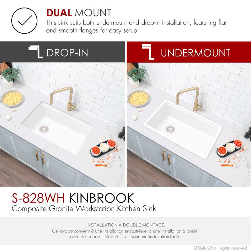 STYLISH Dual Mount 28" Single Bowl Composite Granite Kitchen Sink - 28" x 18" x 9.5"