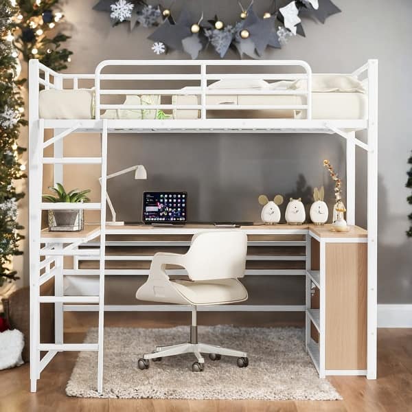 slide 2 of 30, Contemporary Twin Size Metal Loft Bed with 3 Layers of Shelves and L-shaped Desk, Versatility galore, Maximized space, White White