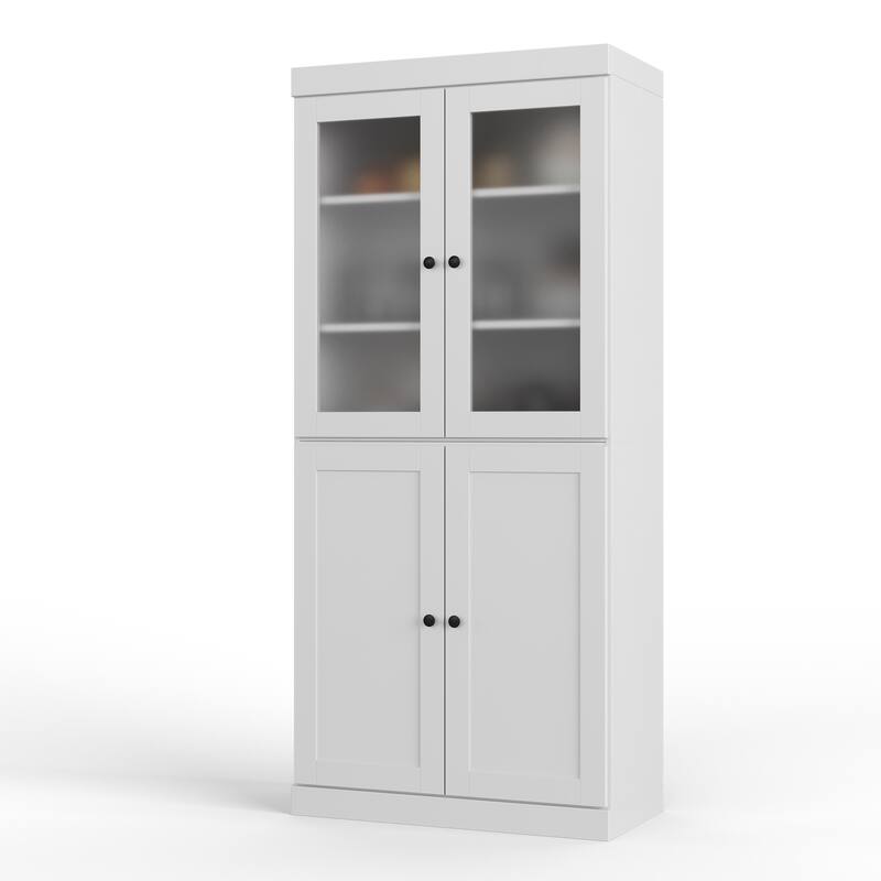 Palace Imports 100% Solid Wood 32" Pantry Cabinet with Frosted Glass, Shaker Doors, 2-Drawers and Adjustable Shelves - White