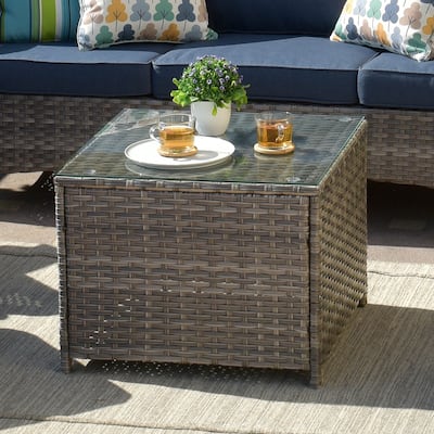 XIZZI Outdoor Rattan Wicker Coffee Table with Glass Top