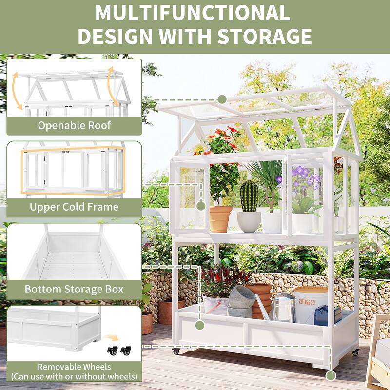 Roomfitters Portable Wooden Cold Frame Greenhouse with Wheels, Openable Roof and Storage Box for Garden Plants