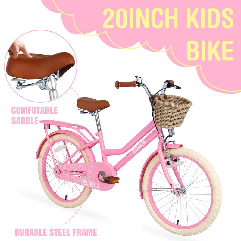 20 Inch Girls Bike with Basket, Single Speed Steel Frame, Front V-Brake & Rear Coaster Brake, Ages 7-10