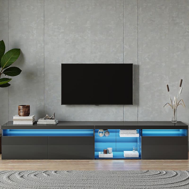 94.5" LED TV Stand with Glass Shelves, Modern Media Console for TVs up to 105" for Living Room, Storage Cabinets