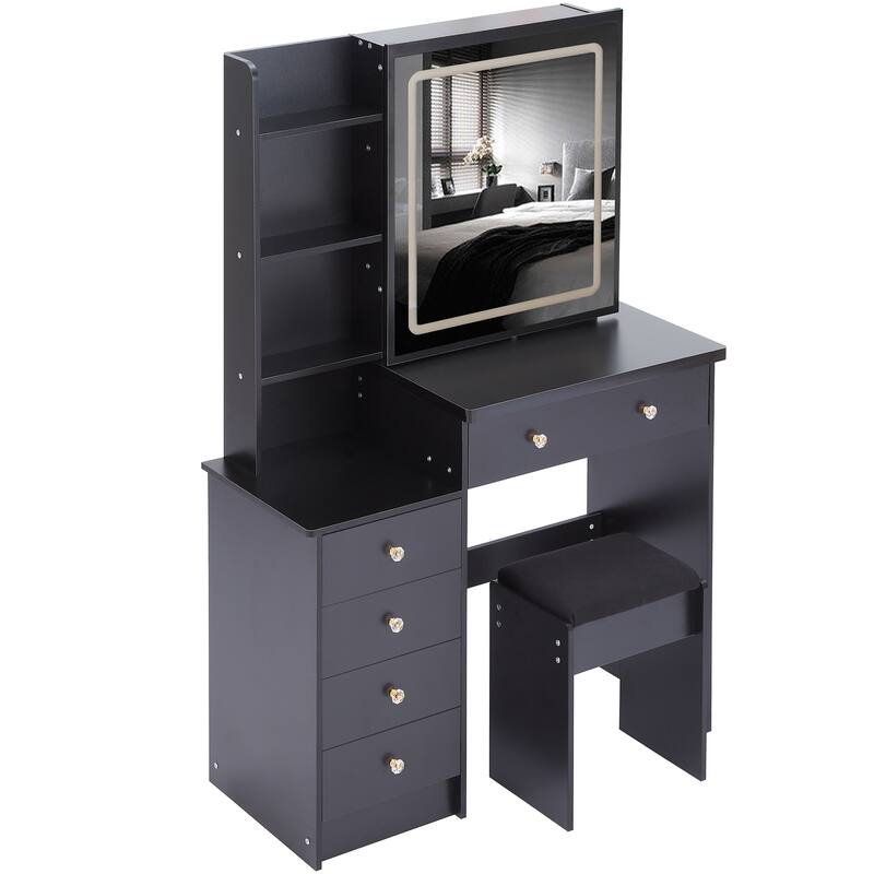 Vanity Table with Control LED Sliding Mirror, Dressing Table Set with USB Power Station, Makeup Stool with Hair Dryer Stand