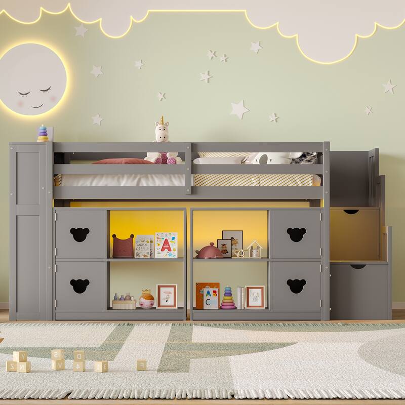 Kids Twin Size Captains Bed Low Loft Bed with LED, Cabinets, Stair Drawers and Shelves, Cabinet Door with Bear-shaped Handles