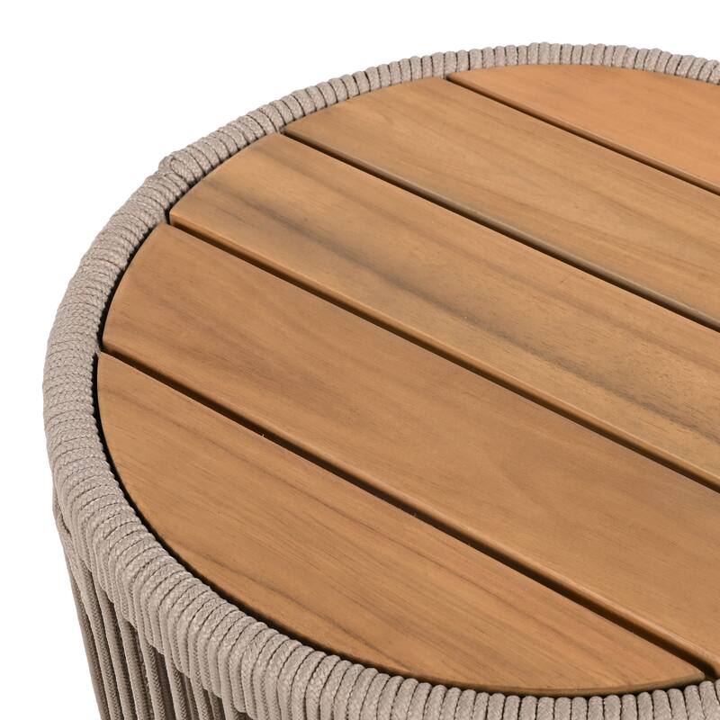 Acacia Wood & Rattan Side Table - Outdoor End Table for Patio, Garden or Balcony - Weatherproof Small Table