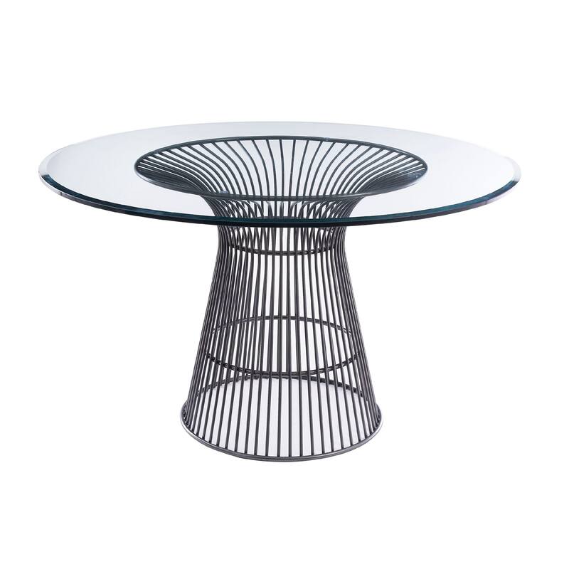 Cid Axa Dining Table, 51 Inch Round Glass Top, Sunburst Black Metal Base - Black, Clear