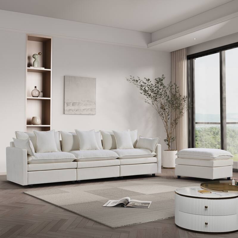 Spacious L-Shaped Chenille Couch with Ottoman Bench, 3-Seater Sleeper Sofa for Living Room - White